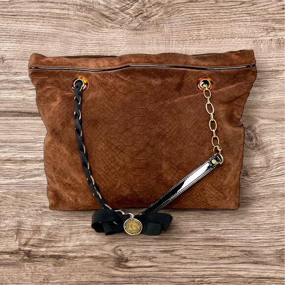 LANVIN "Amalia" Python Print Brown Suede Bucket Shoulder Bag made in Italy 13" H - Picture 6 of 16